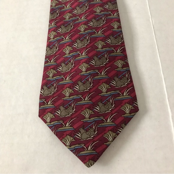 HERMES Tie Bunny Rabbit Tie Luxury Silk Red Background with Brown Tan Blue - Picture 7 of 12